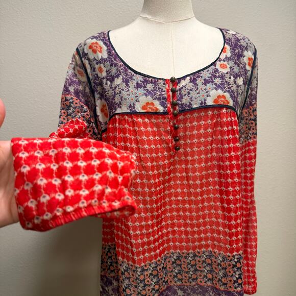 Free People Boho Peasant Floral Patchwork Long Sleeve Top Cotton Oversized Small - Picture 5 of 9